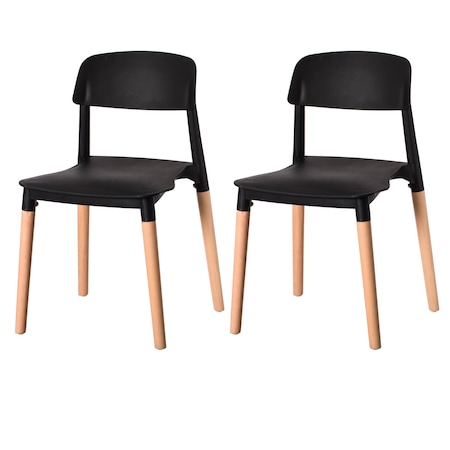 Fabulaxe Modern Plastic Dining Chair Open Back with Beech Wood Legs, Black, PK 2 QI004222.BK.2